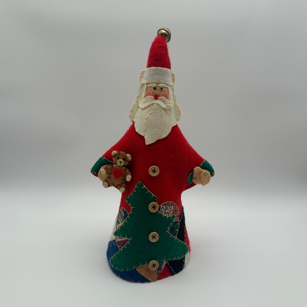 Vintage Folk Art Felt Santa Tree Topper Patchwork Christmas Decor Teddy Bear 14"